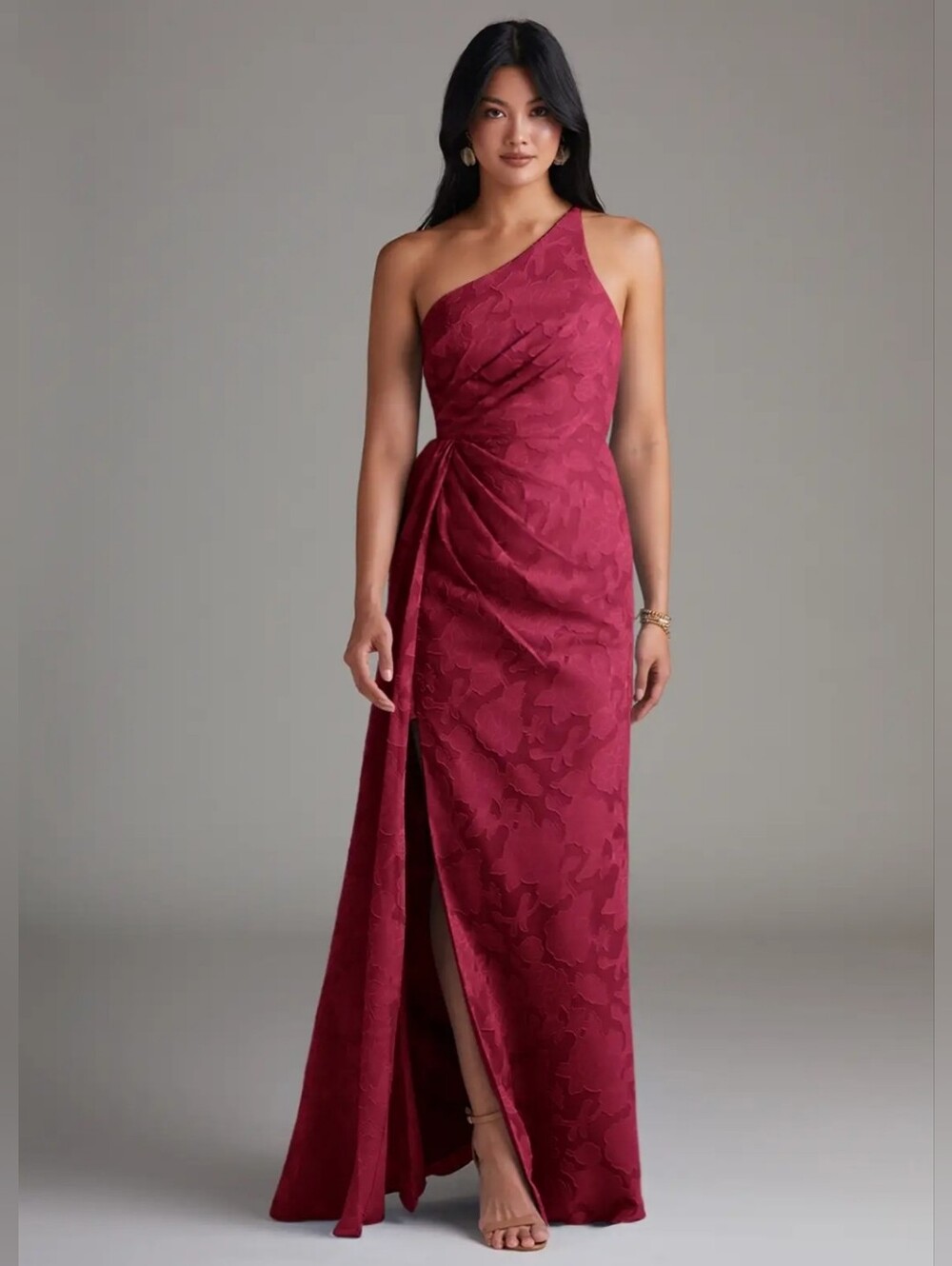 NWT Azazie Mika Burgundy Sheath One Shoulder Floral Burnout Dress Size A14